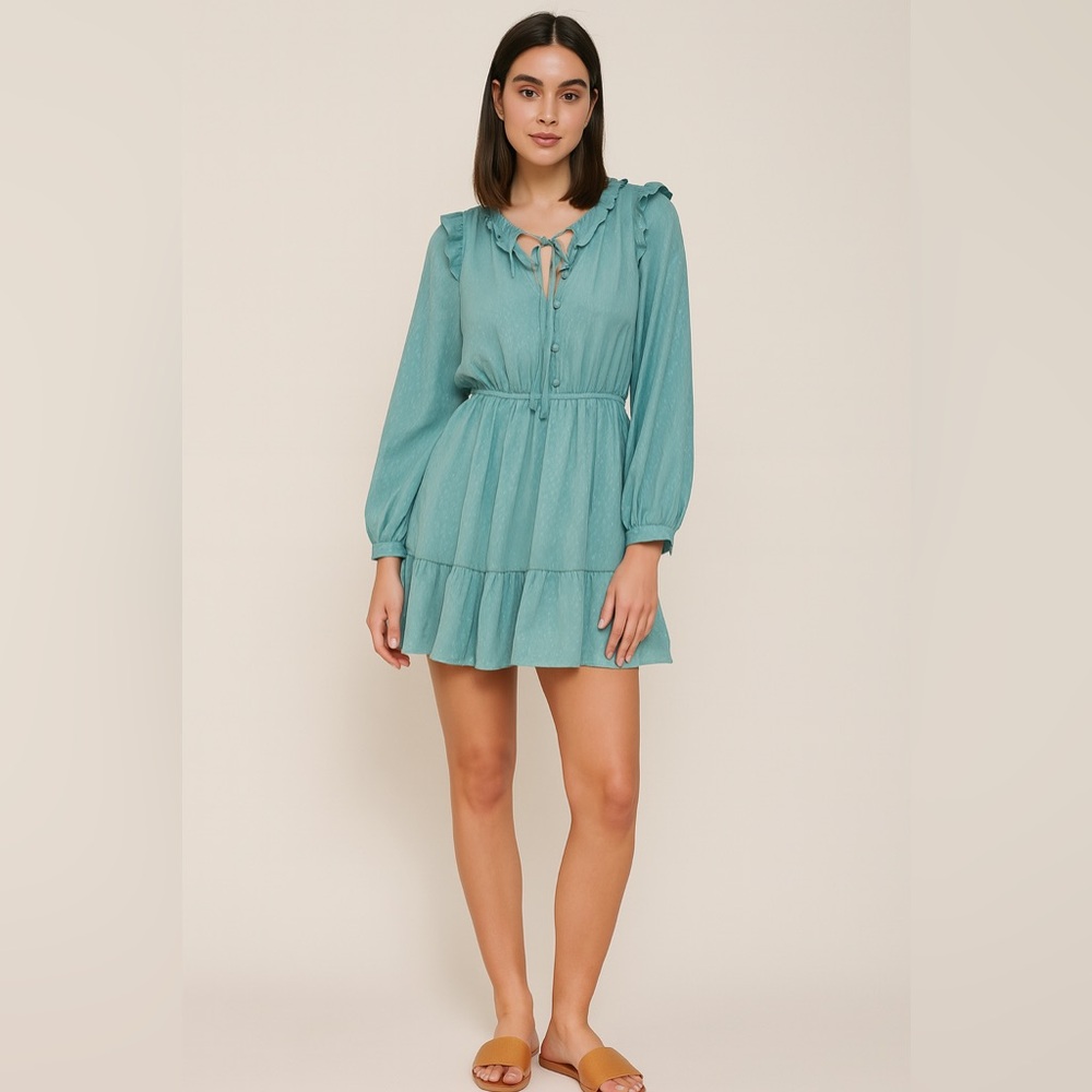 LC Lauren Conrad Teal Ruffle Long Sleeve Mini Dress Size L